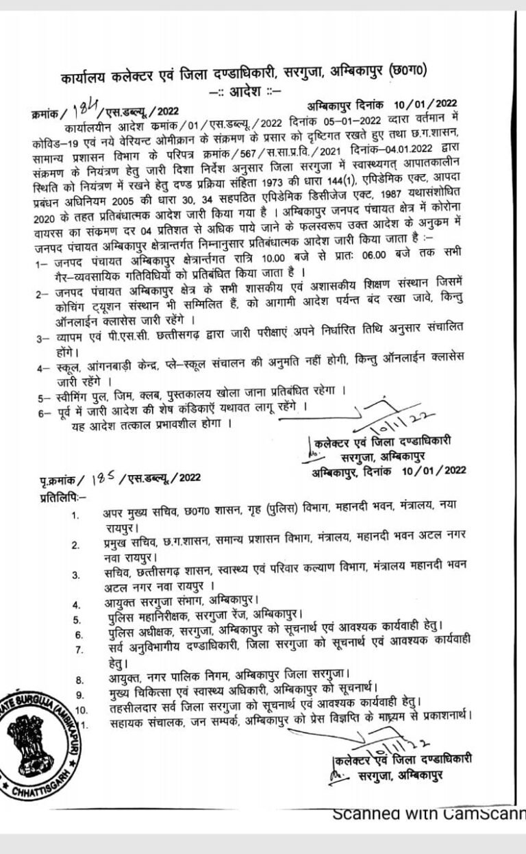 सरगुजा जिले में भी आज रात से नाइट कर्फ्यू ,, शैक्षणिक संस्थानों को किया गया बंद…