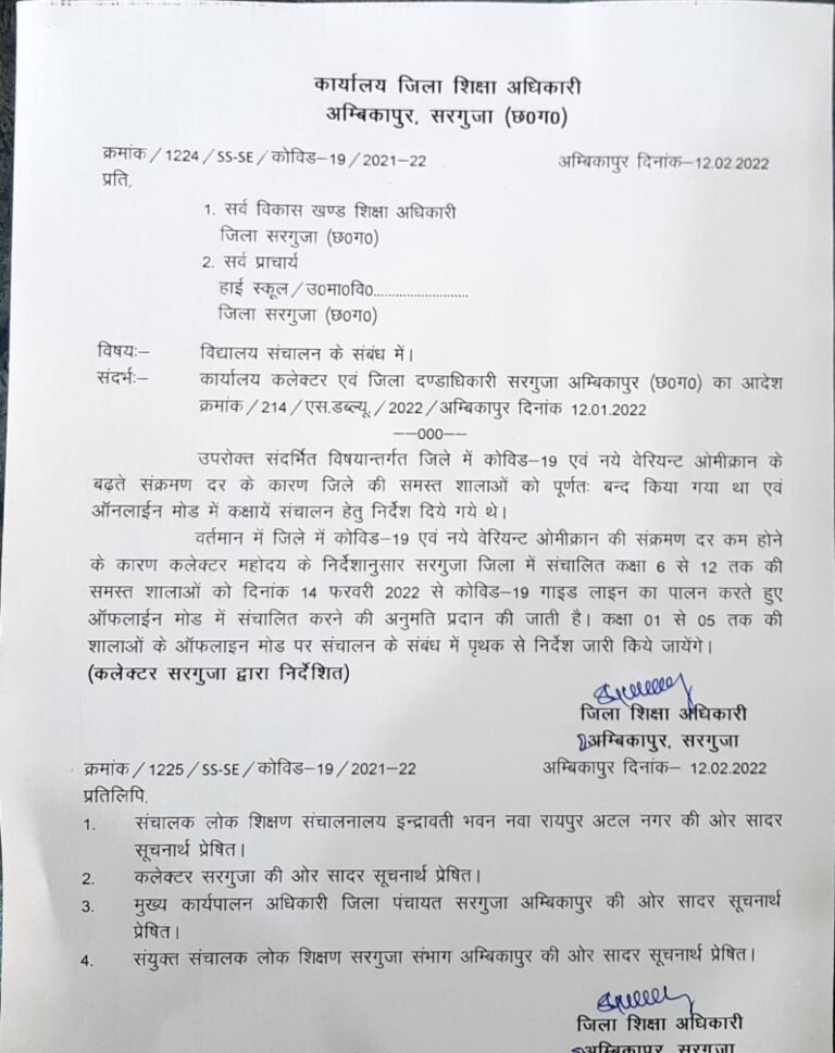 जिले में सोमवार से पुनः संचालित होंगे 6 से 12 तक की ऑफ़लाइन कक्षाएं..