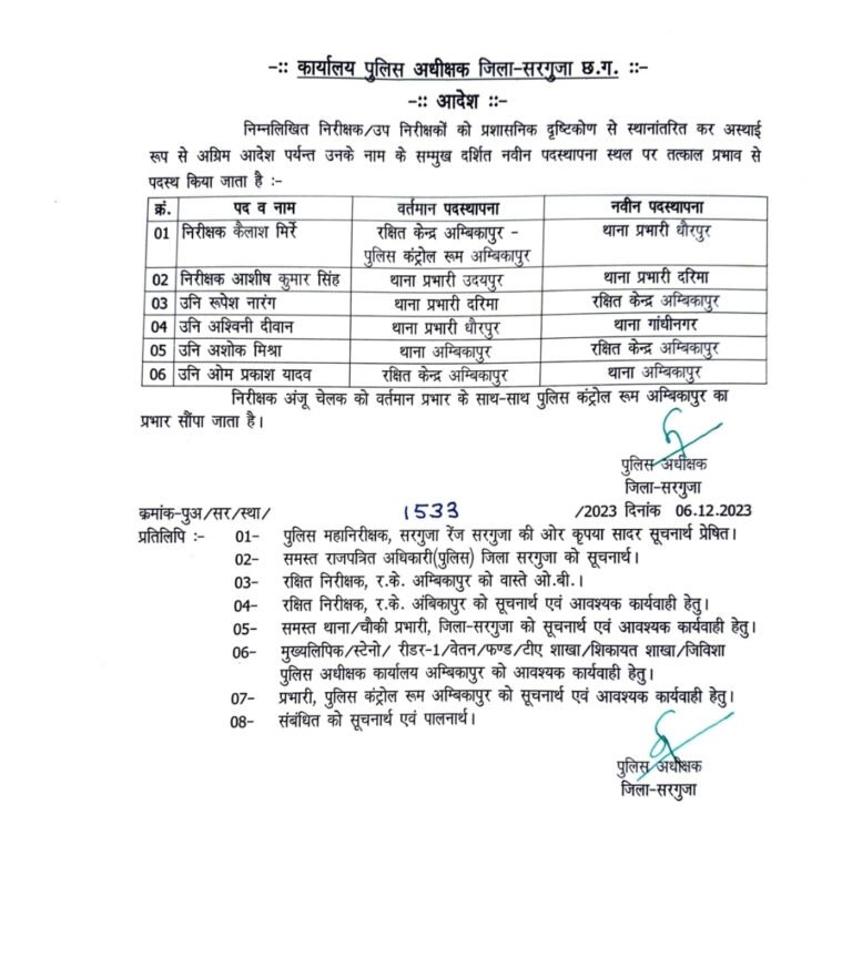 सरगुजा पुलिस में तबादले: 2 टीआई और 4 एसआई हुए इधर से उधर, देखे आदेश…