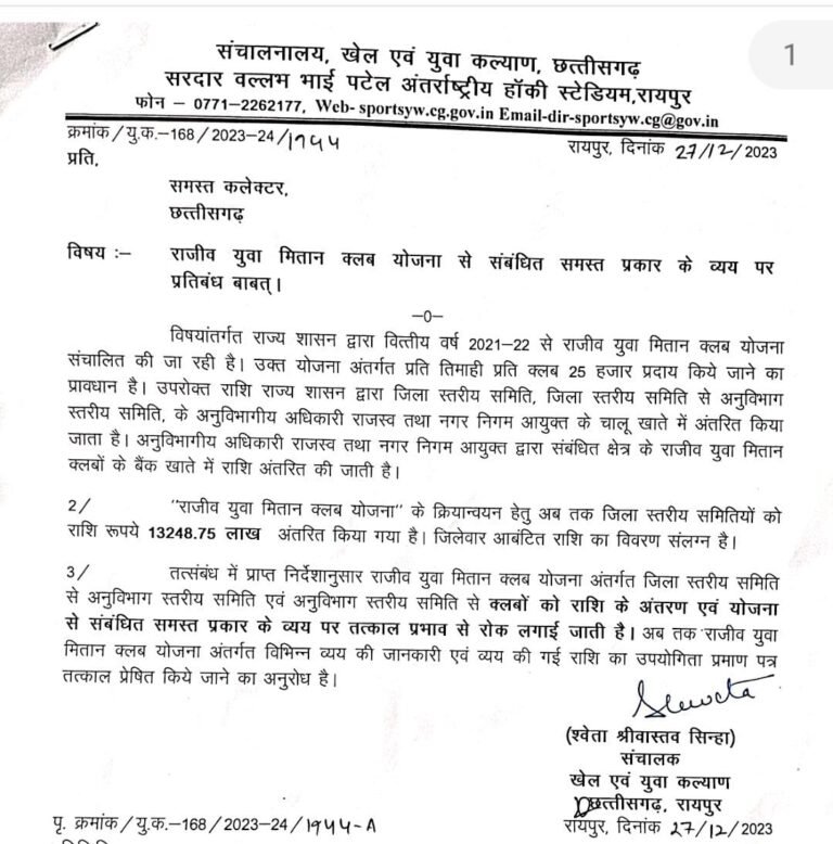 राजीव युवा मितान क्लब योजना से संबंधित सभी प्रकार के व्यय पर लगा प्रतिबंध…देखे आदेश..