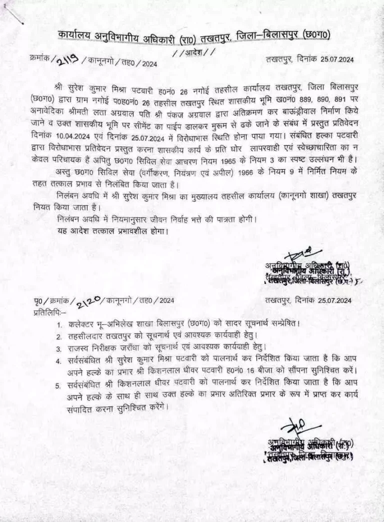 सरकारी जमीन पर कब्जा करने पटवारी ने दिया साथ, एसडीएम ने किया निलंबित…