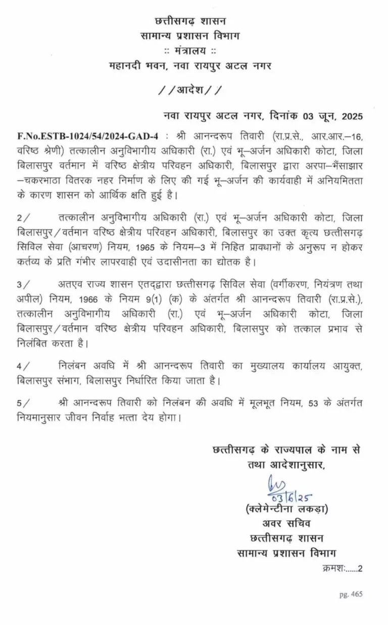 नहर निर्माण के लिए भू–अर्जन की कार्यवाही में गड़बड़ी, तत्कालीन एसडीएम निलंबित…