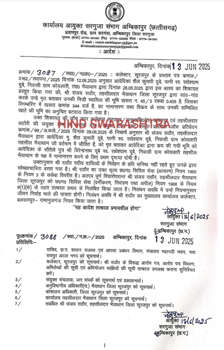हिंद स्वराष्ट्र की खबर का बड़ा असर भैयाथान तहसीलदार संजय राठौर निलंबित…