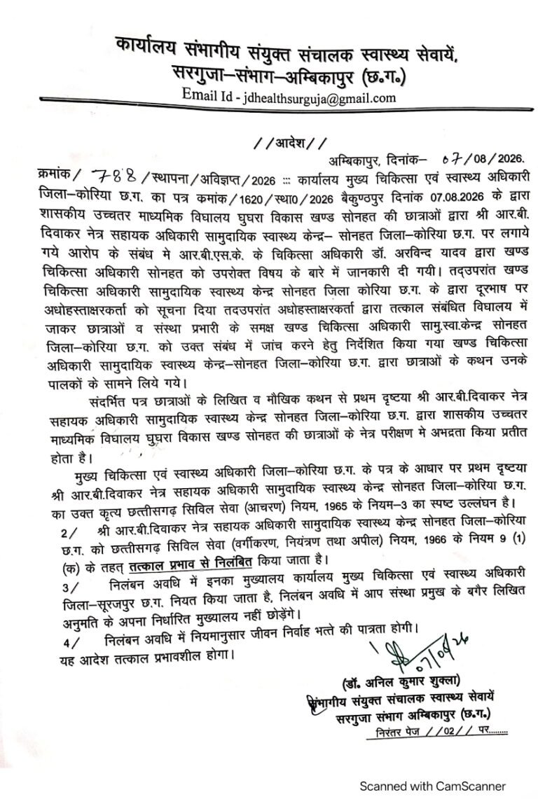 छात्राओं से अभद्रता मामले में सोनहत CHC के नेत्र सहायक अधिकारी निलंबित, सूरजपुर तय किया गया मुख्यालय…