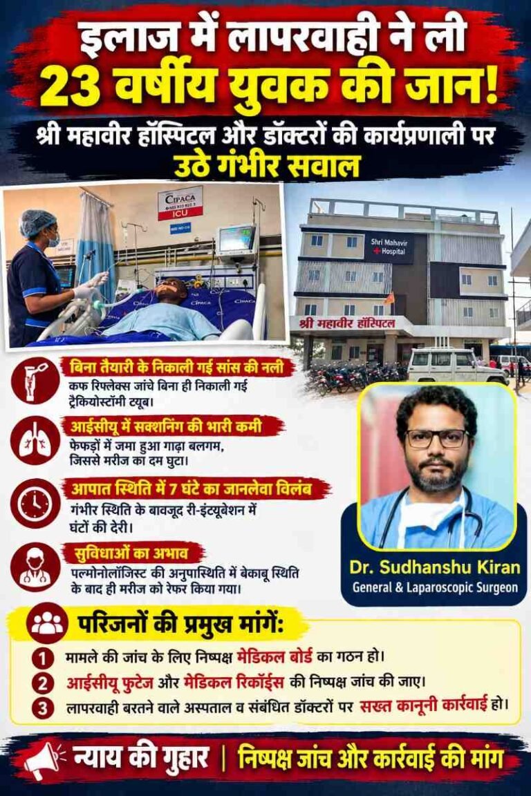 इलाज में भारी लापरवाही आशुतोष की मौत के बाद श्री महावीर अस्पताल पर उठे गंभीर सवाल, देखें सबूत कैसे झूठ बोल लोगो को गुमराह कर रहा महावीर हॉस्पिटल…Part 1